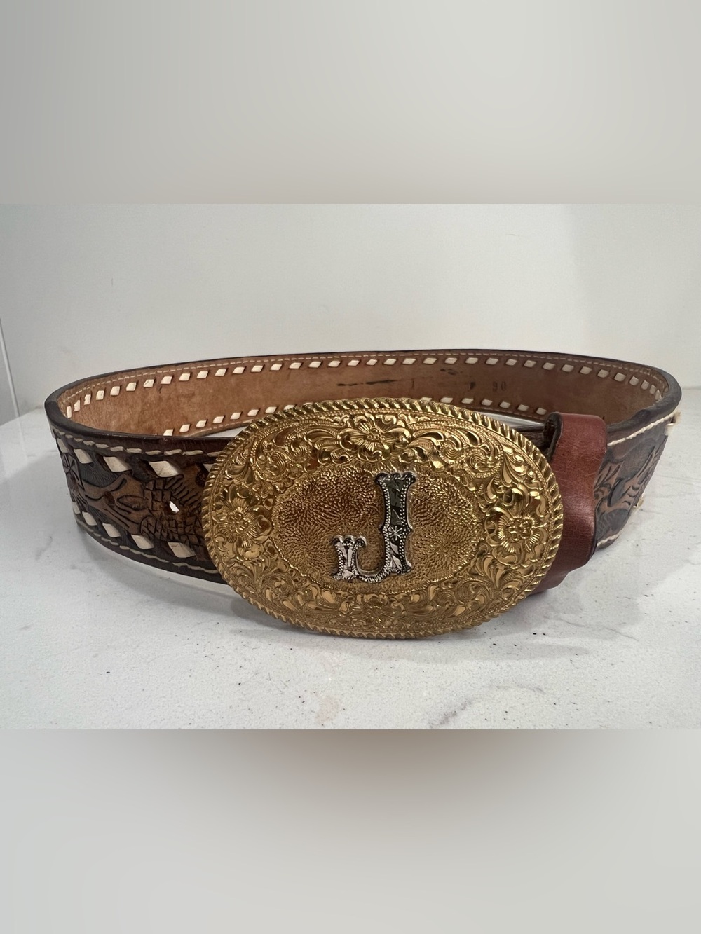 Western Tooled Leather Belt Brass Buckle J Jeana Size 30 Crumrine Inc